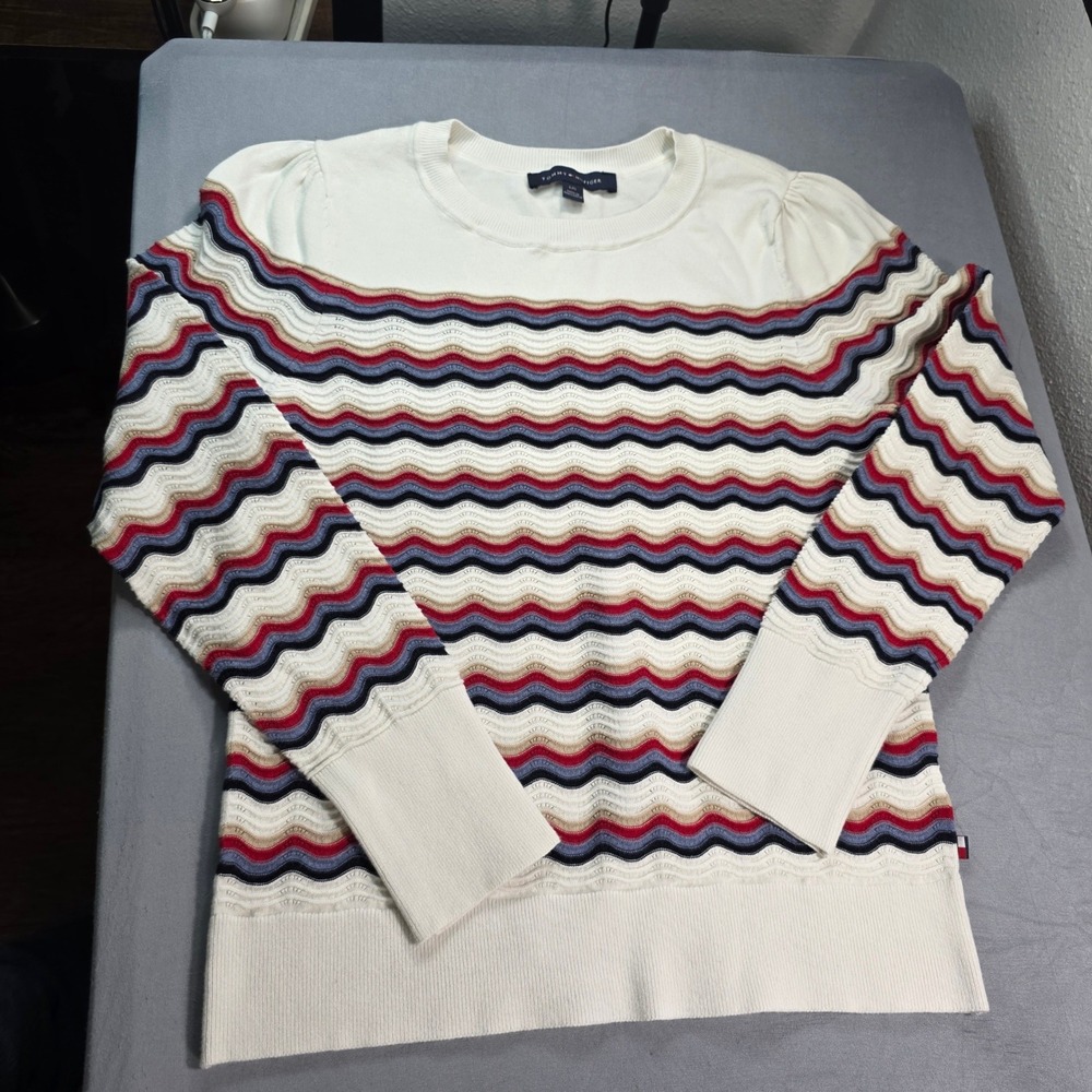 Tommy Hilfiger Womens Cream Chevron Wave Knit Cotton Sweater Puff Shoulder L